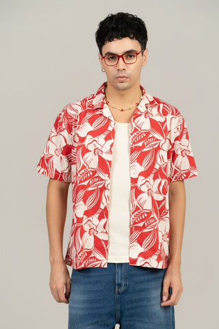 Men’s Loose Fit Printed Red Cuban Collar Shirt – Tropical Vibes, Relaxed Style