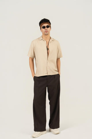 Beige Half Sleeve Cuban Collar Shirt – Loose Fit