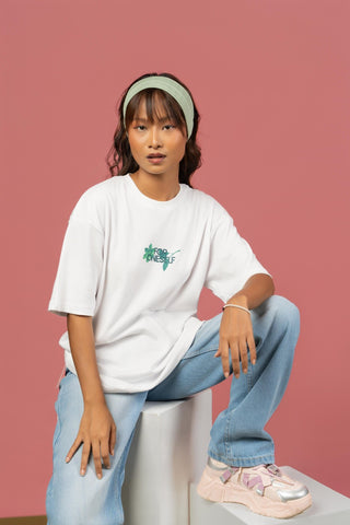 Bloom Printed Oversized Tee – White (For Women)