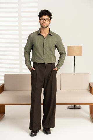 MinusOne Men’s Olive Textured Checkered Shirt – Regular Fit, Full Sleeves, Cotton