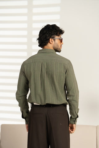 MinusOne Men’s Olive Textured Checkered Shirt – Regular Fit, Full Sleeves, Cotton