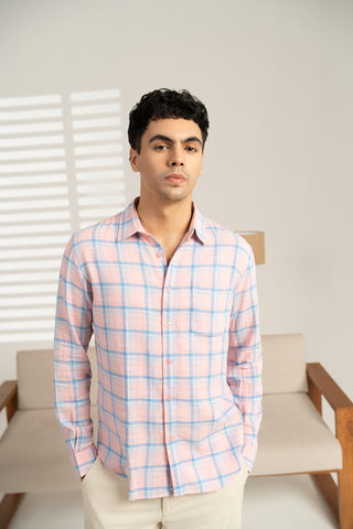 MinusOne Men’s Pink Checkered Cotton Shirt – Regular Fit, Full Sleeves
