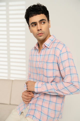 MinusOne Men’s Pink Checkered Cotton Shirt – Regular Fit, Full Sleeves