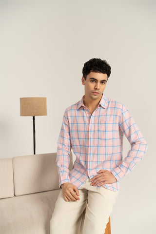 MinusOne Men’s Pink Checkered Cotton Shirt – Regular Fit, Full Sleeves