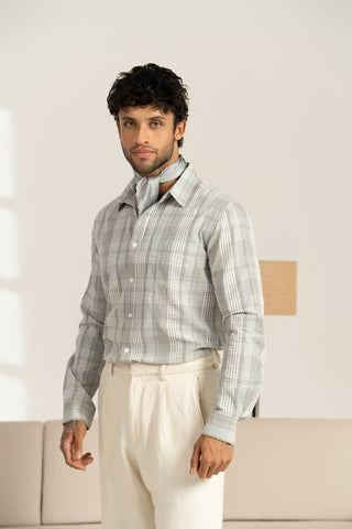 MinusOne Men’s Grey Checkered Cotton Shirt – Regular Fit, Full Sleeves