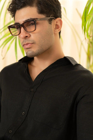 Minus One Men’s Black Linen Blend Shirt – Regular Fit Minus One