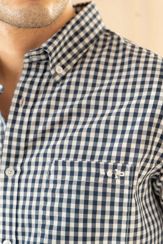 Minus One Men’s Blue Checkered Organic Cotton Shirt – Button-Down Collar | Regular Fit Minus One