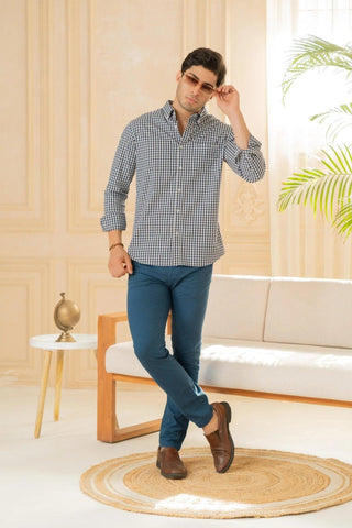 Minus One Men’s Blue Checkered Organic Cotton Shirt – Button-Down Collar | Regular Fit Minus One