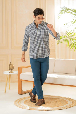 Minus One Men’s Blue Checkered Organic Cotton Shirt – Button-Down Collar | Regular Fit Minus One