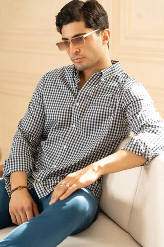 Minus One Men’s Blue Checkered Organic Cotton Shirt – Button-Down Collar | Regular Fit Minus One