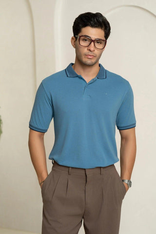 Minus One Men’s Blue Heaven Bamboo Cotton Polo T-Shirt – Jacquard Collar | Regular Fit Minus One