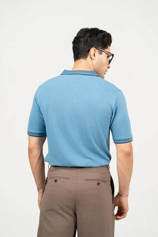 Minus One Men’s Blue Heaven Bamboo Cotton Polo T-Shirt – Jacquard Collar | Regular Fit Minus One
