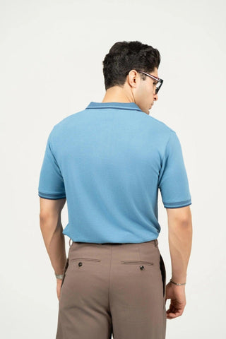 Minus One Men’s Blue Heaven Bamboo Cotton Polo T-Shirt – Jacquard Collar | Regular Fit Minus One