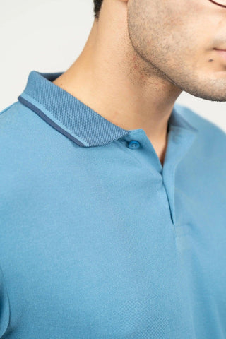 Minus One Men’s Blue Heaven Bamboo Cotton Polo T-Shirt – Jacquard Collar | Regular Fit Minus One