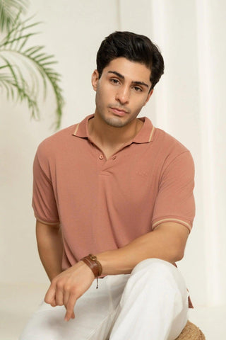 Minus One Men’s Burlwood Peach Bamboo Cotton Polo T-Shirt – Tipping Collar | Regular Fit Minus One