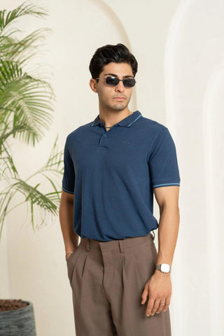 Minus One Men’s Insignia Blue Bamboo Cotton Polo T-Shirt – Tipping Collar | Regular Fit Minus One