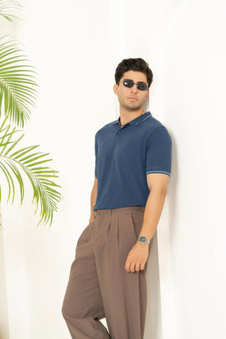 Minus One Men’s Insignia Blue Bamboo Cotton Polo T-Shirt – Tipping Collar | Regular Fit Minus One