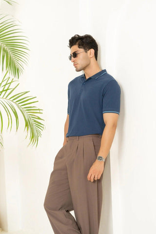 Minus One Men’s Insignia Blue Bamboo Cotton Polo T-Shirt – Tipping Collar | Regular Fit Minus One