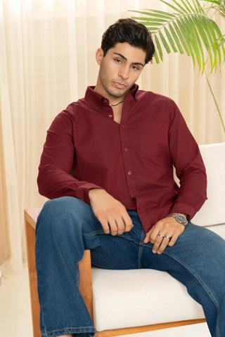 Minus One Men’s Maroon Oxford Organic Cotton Shirt – Regular Fit Minus One