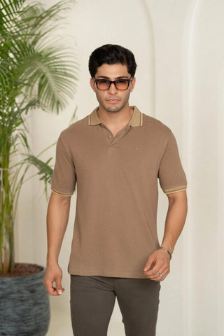 Minus One Men’s Mocha Brown Bamboo Cotton Polo T-Shirt – Jacquard Collar | Regular Fit Minus One