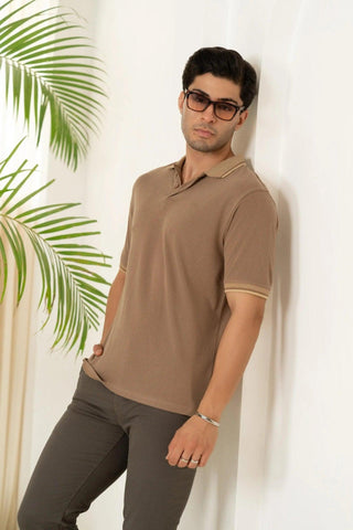Minus One Men’s Mocha Brown Bamboo Cotton Polo T-Shirt – Jacquard Collar | Regular Fit Minus One