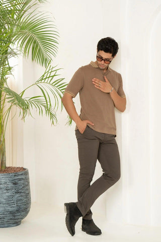 Minus One Men’s Mocha Brown Bamboo Cotton Polo T-Shirt – Jacquard Collar | Regular Fit Minus One