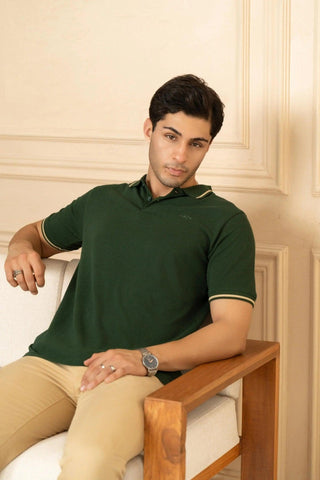 Minus One Men’s Mountain Green Bamboo Cotton Polo T-Shirt – Tipping Collar | Regular Fit Minus One