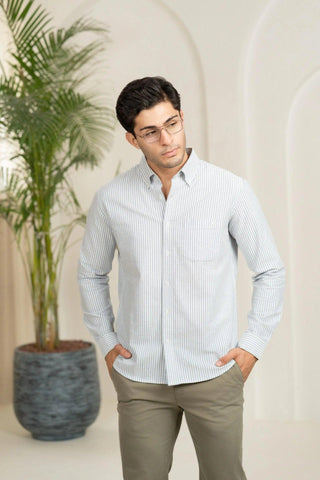 Minus One Men’s Navy Blue Striped Cotton Shirt – Button-Down Collar | Regular Fit Minus One