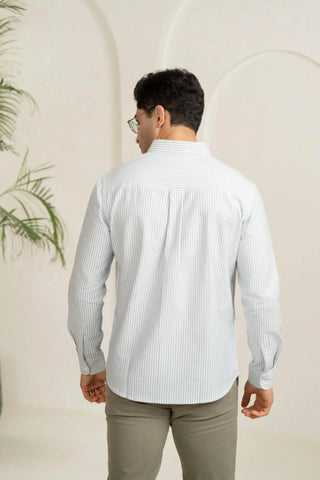 Minus One Men’s Navy Blue Striped Cotton Shirt – Button-Down Collar | Regular Fit Minus One