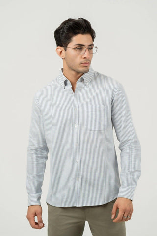Minus One Men’s Navy Blue Striped Cotton Shirt – Button-Down Collar | Regular Fit Minus One