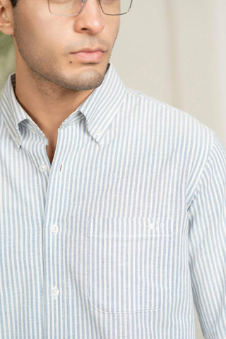 Minus One Men’s Navy Blue Striped Cotton Shirt – Button-Down Collar | Regular Fit Minus One