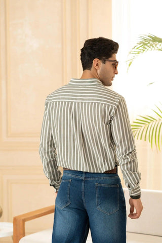 Minus One Men’s Olive Striped Organic Cotton Shirt – Regular Fit Minus One