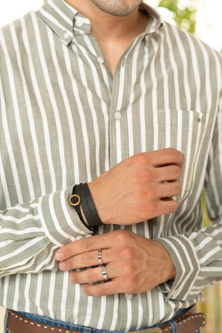 Minus One Men’s Olive Striped Organic Cotton Shirt – Regular Fit Minus One