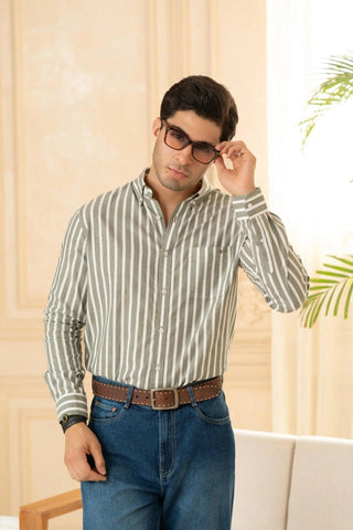 Minus One Men’s Olive Striped Organic Cotton Shirt – Regular Fit Minus One