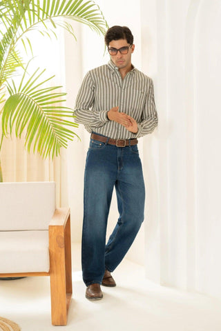 Minus One Men’s Olive Striped Organic Cotton Shirt – Regular Fit Minus One