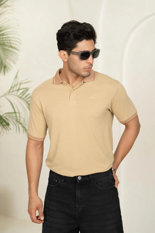 Minus One Men’s Pebble Beige Bamboo Cotton Polo T-Shirt – Jacquard Collar | Regular Fit Minus One