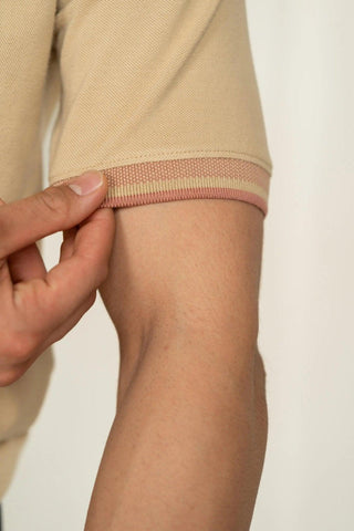 Minus One Men’s Pebble Beige Bamboo Cotton Polo T-Shirt – Jacquard Collar | Regular Fit Minus One