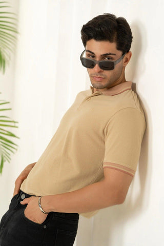 Minus One Men’s Pebble Beige Bamboo Cotton Polo T-Shirt – Jacquard Collar | Regular Fit Minus One
