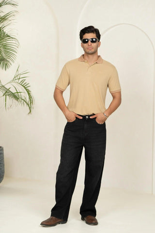 Minus One Men’s Pebble Beige Bamboo Cotton Polo T-Shirt – Jacquard Collar | Regular Fit Minus One