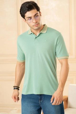 Minus One Men’s Sage Green Bamboo Cotton Polo T-Shirt – Jacquard Collar | Regular Fit Minus One