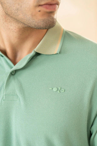 Minus One Men’s Sage Green Bamboo Cotton Polo T-Shirt – Jacquard Collar | Regular Fit Minus One