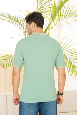 Minus One Men’s Sage Green Bamboo Cotton Polo T-Shirt – Jacquard Collar | Regular Fit Minus One
