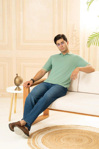 Minus One Men’s Sage Green Bamboo Cotton Polo T-Shirt – Jacquard Collar | Regular Fit Minus One