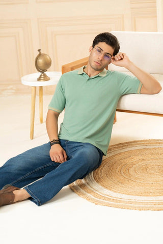 Minus One Men’s Sage Green Bamboo Cotton Polo T-Shirt – Jacquard Collar | Regular Fit Minus One