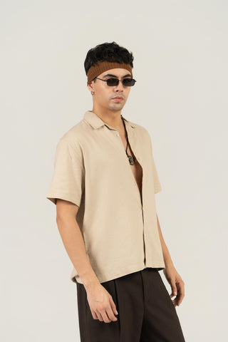 Beige Half Sleeve Cuban Collar Shirt – Loose Fit - Gimaq - The magic shuffle!