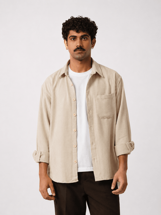 Beige Brushed Cotton Shacket – Loose Fit, Full Sleeves
