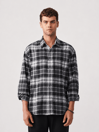 Grey Checkered Brushed Cotton Shirt – Loose Fit, Full Sleeves