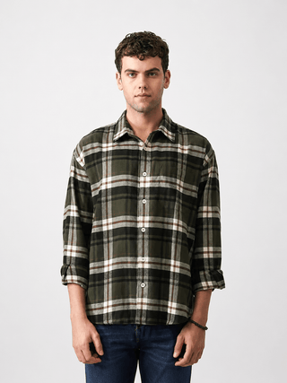 Green Checkered Brushed Cotton Shirt – Loose Fit, Full Sleeves