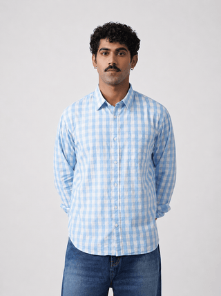 Blue Checkered Cotton Shirt – Regular Fit, Full Sleeves