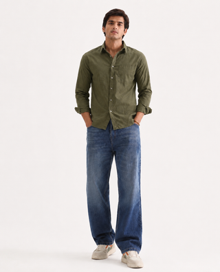 Olive Green Textured Cotton Shirt – Regular Fit, Full Sleeves